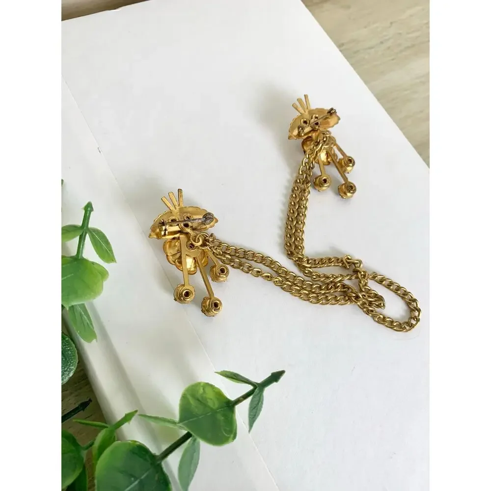 Vintage 1950s Sweater Clip Double Brooch Teal Rhinestone Gold Tone Chain Elegant